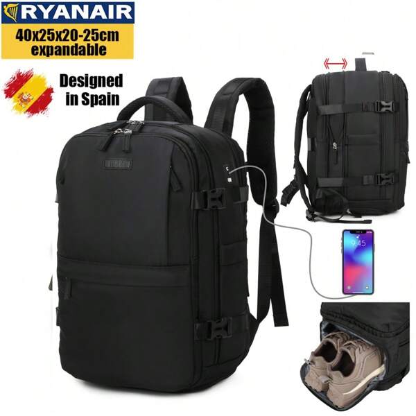 Ryanair Uitbreidbare handbagagerugzak 40x25x20-25cm met schoenenzak, waterdichte casual dagrugzak voor 14" laptop - Blauw/Beige/Zwart/Roze/Groen/Paars/Legergroen