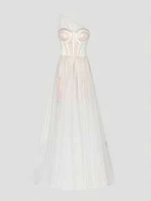 Faeriesty Elegant Classic Bridal Gown With One-Shoulder Sweetheart Neckline, Intricate Lace Bodice And Sheer Flowing Tulle Skirt – Romantic Wedding Dress For Church, Garden, Beach & Ballroom Ceremonies - White - View 10