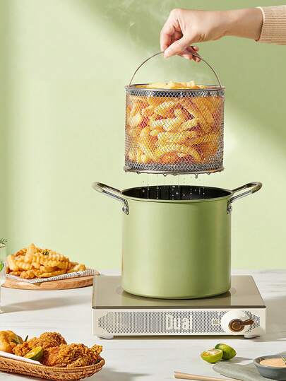 1 pieza Freidora profunda sin humo, olla para fideos, maceta de tempura multifuncional de gran capacidad antiadherente con tapa y colador, freidera profunda de acero inoxidable con coladores, fritura en forma de tazón, sartén para pollo, herramienta de cocina para el pollo frito, papas fritas