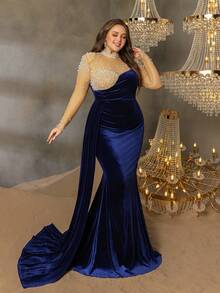 Faeriesty Curve Plus Elegant Women's Formal Evening Gown With High-Neck Collar, Sheer Mesh Long Sleeves Adorned With Pearl Embellishments, Mermaid Silhouette Skirt, And Side Flowing Ribbon – Ideal For Red-Carpet Galas, Black-Tie Dinners, Luxury Wedding Receptions, Ballroom Dance Events, And Opera Night Soirees