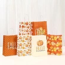 12pcs/6pcs Autumn Kraft Paper Gift Bags With Handles, Pumpkin Leaf Design Gift Bags, Shopping Bags, Packaging Bags, Suitable For Autumn, Baby Shower, Birthday Party Small Gifts, Thanksgiving, Halloween Holiday Party Favor Bags