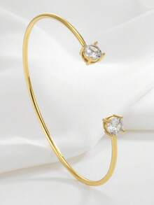 Charm-In 1pc 18K Gold Plated Copper Bangle With Double-Headed Round Cubic Zirconia, Minimalist Design - Gold Model 3 - View 3
