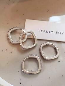 2 pares de pendientes de aro geométricos cuadrados elegantes y minimalistas con circonia cúbica micro-incrustada de cobre, para uso diario de mujeres con estilo minimalista - Plateado - Ver 6