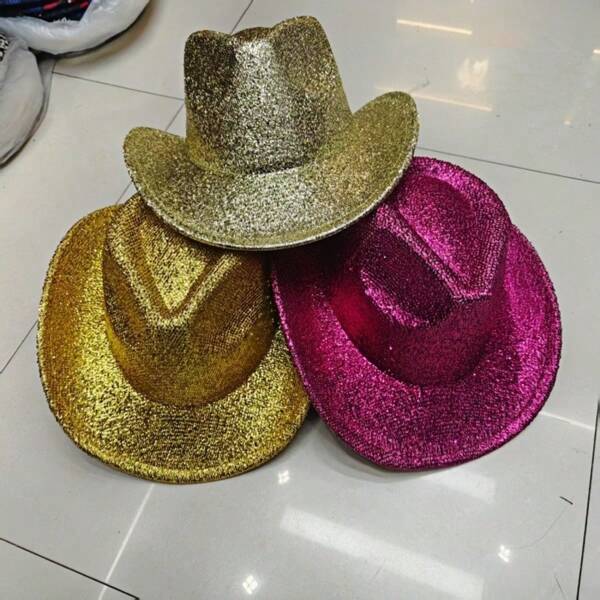 Solid Color Shiny Cowboy Hat, Vibrant Glittery Polyester Western Cowboy Hat, Suitable For Party Gifts, Cowboy Party Decor, Eye-Catching Party Headwear