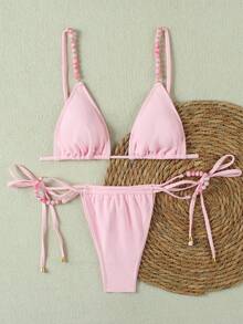 女士性感纯粉色比基尼泳衣，欧美风格，夏季 - 粉色 - 查看 2