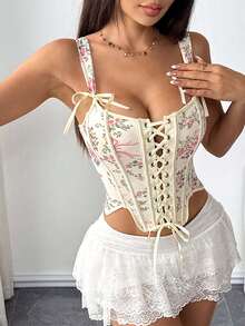 Women's Corset Crop Tops Slim Flower Print Fishbone Cross Tie Shoulder Open Back Shirts Summer Streetwear - 黃色 - 查看 3