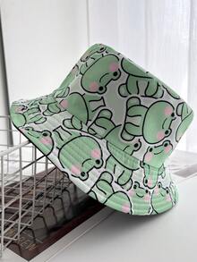 1pc Women Cartoon Frog Print Reversible Bucket Hat, Summer Sun Protection Casual Cap - Green - View 1