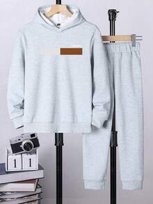 2 件套青少年男童休闲字母印花加厚连帽运动衫和裤子套装 - 淺灰色 - 查看 2