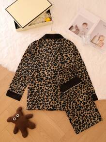2pcs Leopard Print Pajama Set, Elegant & Sexy Lapel Button-Up Top And Long Pants, Women Sleepwear And Loungewear, Fall Clothes