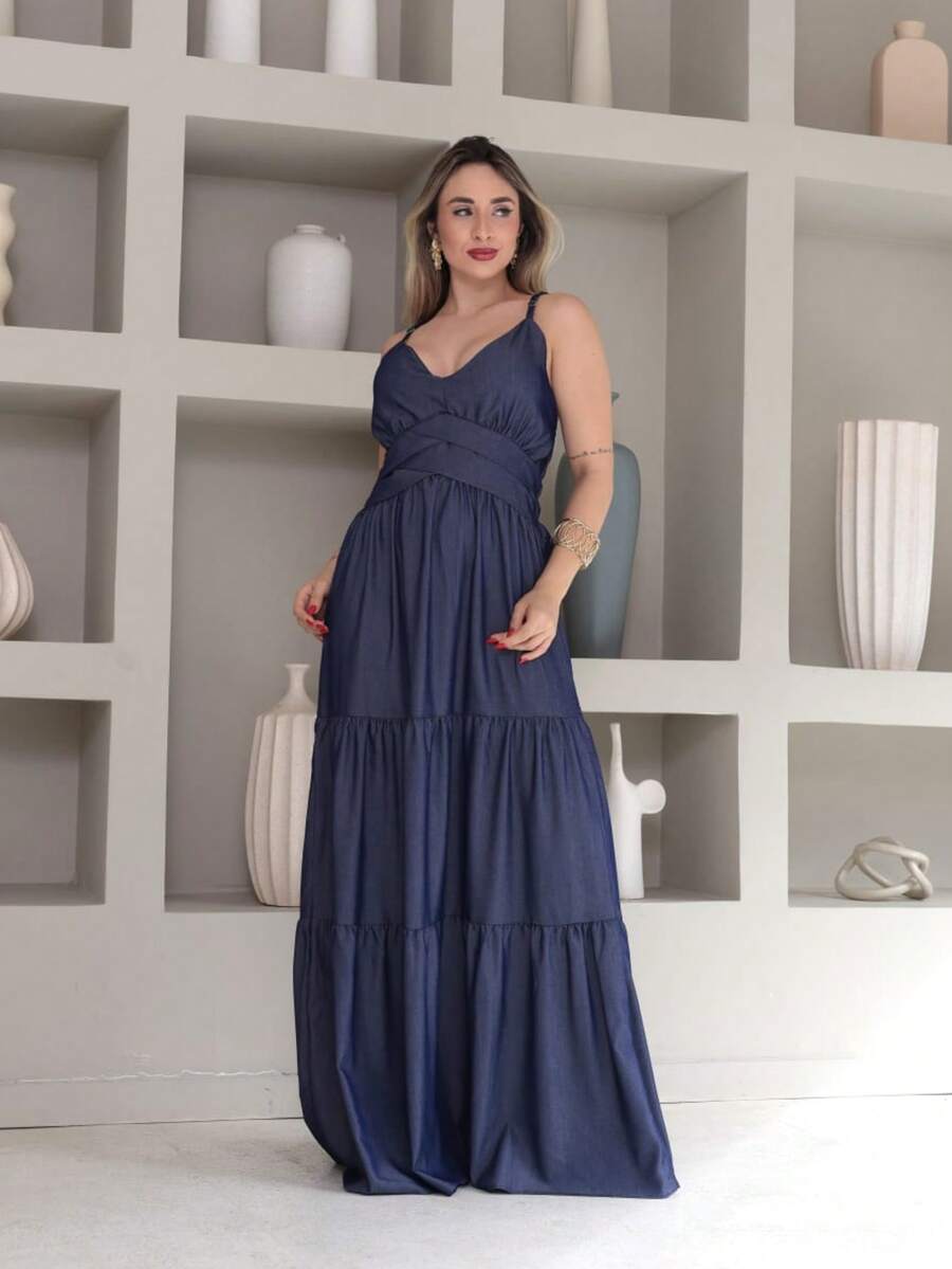 Vitoria Luxury Long Dress With Imitation Chambray Straps And Waist Detail - 深色水洗藍 - 查看 1