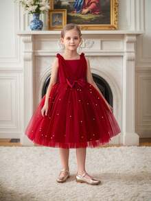 Robe de princesse en tulle avec nœud de Noël fait main et perles, convient pour l'anniversaire de bébé, Noël, fête, mariage, occasions de vacances, robe de demoiselle d'honneur - Rouge foncé - Voir 3