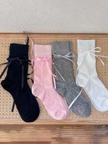 1双女士蝴蝶结薄款中筒袜，芭蕾洛丽塔小腿袜 - 彩色 - 查看 5