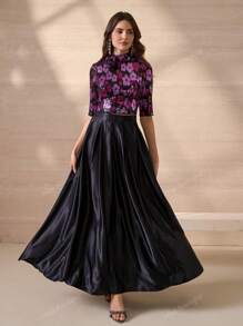 Elegant Luxurious Sequin Embroidered Floral Decor Top And A-Line Skirt Women's Lightweight Two Pieces Set