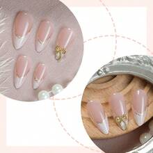 10 Pieces Of Handmade Vine Gold French Edge Silver White Thread Coloring Cute Luxury Bow Spring Fresh Temperament Nail Stickers Press On Nails Nail Supplies Nails - Dusty Pink - View 3
