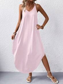 EARO Elegant European & American Style Casual Sleeveless Dress, Simple Daily Commute Strap Long Solid Color Knit Dress, Vacation Versatile Elastic Waist Fitted Slim Comfortable Slip Dress, Spring/Autumn - Bubblegum Pink - View 5