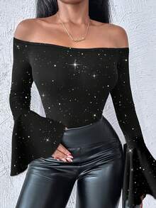 ChicMe Women Off Shoulder Glitter Top Bell Sleeve Slim Fit Stretchy Pullover T Shirt Sexy Elegant Party Date Daily Streetwear