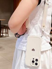 心形贴纸和波浪边框纯色手机壳带挂绳 心形贴纸和波浪边框纯色手机壳带挂绳 防水防震防摔防刮 - 白色 - 查看 2