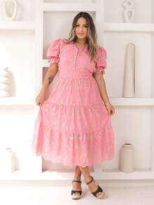 Women's Fashion Midi Dress In 3D Laise Fabric With Elastex On The Back And Button On The Front And Lining - 粉紅嬰兒雙色3d - 查看 1