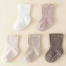 5 Pairs Anti-Slip Baby Girl Socks With Lace Trim, Soft Waistband, Multiple Colors, For Infants & Toddlers 0-5 Years