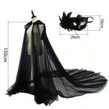 2件套2025新款双层网眼复古纯色抽绳披肩+半脸面具组合套装，吸血鬼新娘斗篷黑白女士抽绳披肩面具套装万圣节