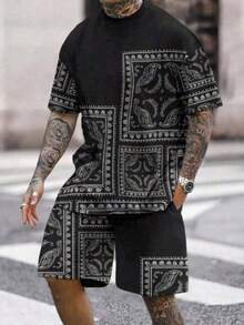 Conjunto hombre, camiseta De Tirantes Y Pantalones Cortos Con Estampado Paisley Para Hombres - Negro - Ver 1