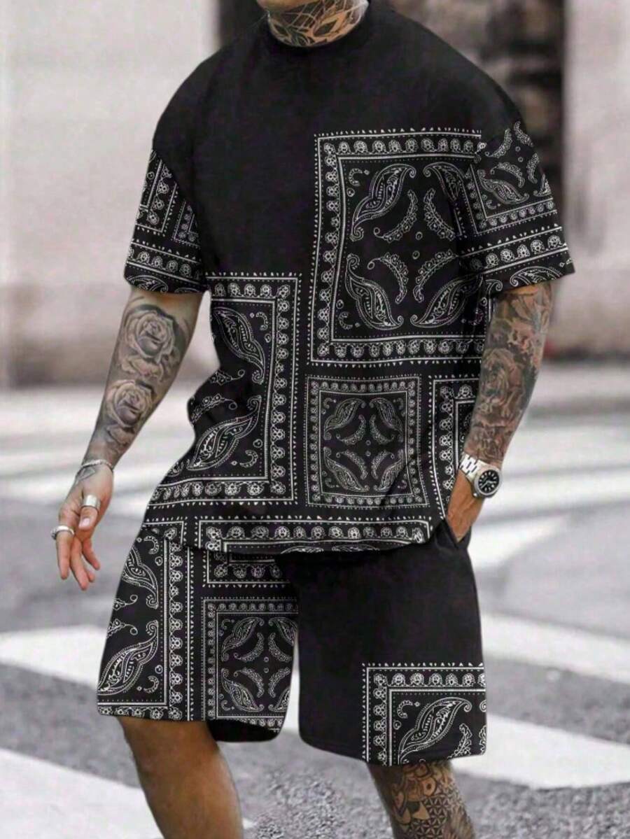 Conjunto hombre, camiseta De Tirantes Y Pantalones Cortos Con Estampado Paisley Para Hombres - Negro - Ver 1