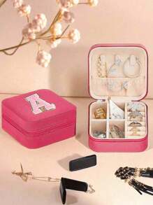 1 Portable Travel Jewelry Storage Box, Summer Portable Mini Travel Box With Mirror, Rose Red Custom Pink Letter Travel Jewelry Box, Small Travel Waterproof Jewelry Storage Box, Portable Jewelry Display Box, Large-Capacity Jewelry Display Box, Mini Double-Layer Ring Box Storage Box, Gift Box, Jewelry Storage Box, Accessory Storage Bagr, Zipper Seal, Suitable For Earrings, Necklaces, Rings Bracelets, Lipsticks, Etc