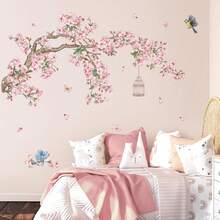 1 Stück Kirschblütenzweig & Vogel Wandaufkleber, Blumen Vogelkäfig Wandtattoo, geeignet für Schlafzimmer, Wohnzimmer, Heimdekoration - Pink - Übersicht 6
