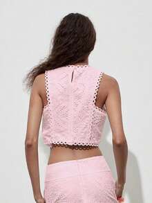 1 pieza Blusa corta sin mangas con bordado floral hueco vintage, patrón floral aleatorio - Rosa - Ver 6