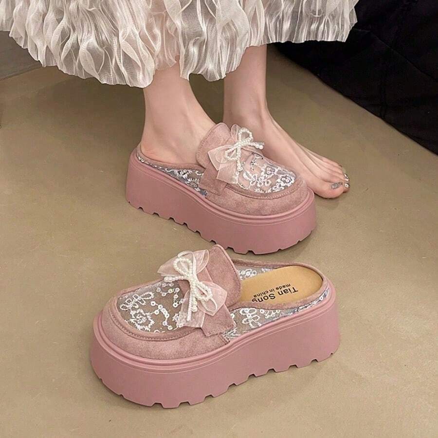 Breathable Mesh Closed-Toe Loafers, Summer Mary Jane Shoes, Thick Sole Sandals With Height-Enhancing Sole - Pink - View 1