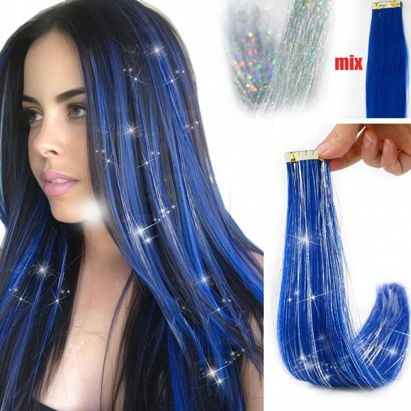 Extensions de cheveux synthétiques adhésives miniatures avec paillettes, 24 pouces, 10 pièces, extensions de cheveux adhésives droites et invisibles de couleur pour Halloween, cosplay, déguisement, fête à la mode, cadeau de Noël et du Nouvel An