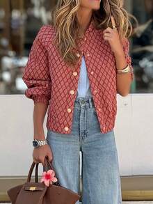 时尚印花休闲夹克，红色长袖轻薄短款外套 - 紅色 - 查看 3