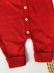 Ema Button Knit Set Girl Bodysuit Overalls Baby Romper - Merah - View 4