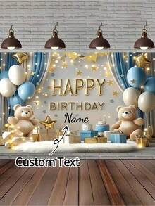 1 szt. personalizowany baner urodzinowy z imieniem, urocze tło do zdjęć z motywem niebieskiej kurtyny w kształcie misia, spersonalizowana dekoracja na prysznic, odpowiednia na spotkania rodzinne, wesele, urodziny