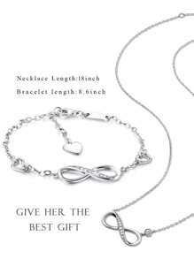 2 件 925 纯银女士项链和手链，无限符号珠宝套装，莫比乌斯锁骨链，镶嵌锆石，适合求婚、订婚、约会和女性日常佩戴