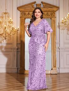 hezixi High Quality Stretchy Elegant Sequin Patchwork Super Fitted Plus Size V-Neck Evening Cocktail Party Wedding Anniversary Family Formal Gala Bridal Shower Birthday Sleeveless Luxurious Classy Mother Of The Bride Dress (Heavy Embellished) - Lilac Purple - View 4