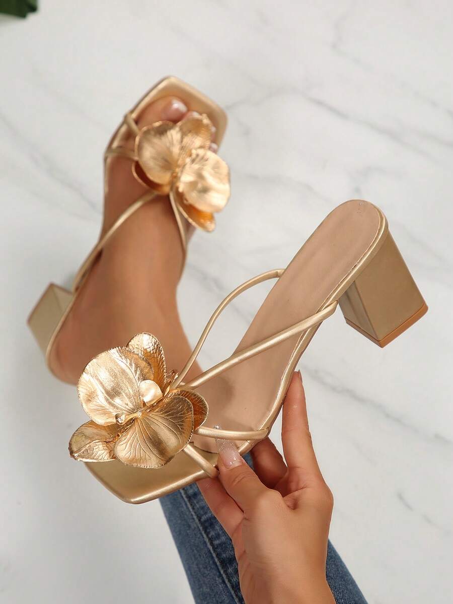 Square Toe Solid Color Elegant Commuter Chic Fairy Style PU Leather Floral Embellished High Heel Sandals Suitable For Dates, Vacations, Shopping, Parties, Weddings, Office In Summer