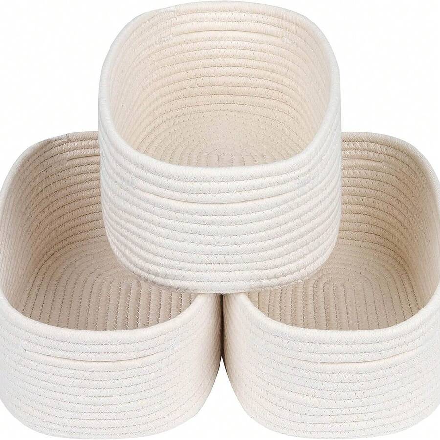 1pc/2pcs/3pcs Handmade Woven Rope Storage Baskets, Oval Shaped Organizer Basket, Suitable For Living Room, Bedroom, Game Room, Small Rope Basket For Trinkets, Snacks, DIY Rope Weaving Basket, Holiday Decor, Gift Baskets, Toy Storage - White - View 1