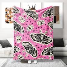Rosa Schädel- und Mottendruck Überwurf Decke - Hergestellt aus Polyester Fleece, moderne digitale Bedruckung, niedliches Halloween Thema, bequeme Heimdekoration für alle Jahreszeiten, maschinenwaschbar