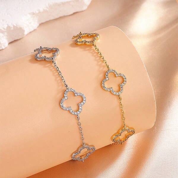 1pc New Minimalist Clover Bracelet Set, French Sweet High-End Cubic Zirconia Four-Leaf Flower Bracelet Accessories, Suitable For Daily Wear