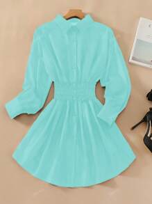 Vestido de camisa de manga larga con cintura ceñida y plisado, unicolor elegante, adecuado para la oficina y el diario, primavera/verano