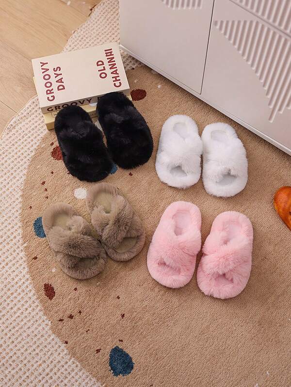 Girls Fluffy Faux Fur Slippers, Comfortable Thick Sole Indoor Shoes, Fashion Simple Slip-Ons For Autumn/Winter
