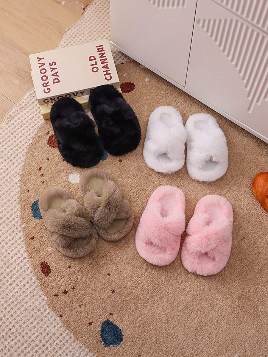 女童蓬松毛绒内衬拖鞋，厚底室内鞋，时尚简约秋冬拖鞋 - 白色 - 查看 1