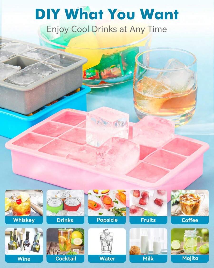 Silicone Ice Cube Trays For Freezer Set Of 2- Square Ice Cubes Mold-Easy Release Silicone Old Fashioned Ice Cube Tray-Mini Fridge Rubber Ice Cube Tray For Whiskey Cocktail Coffee Soup,7796313 - Hot Pink - View 1