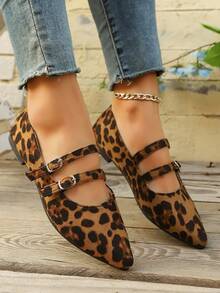 秋冬女式豹纹平底尖头一脚蹬乐福鞋，时尚休闲通勤舒适轻便平底鞋 - 豹紋 - 查看 3