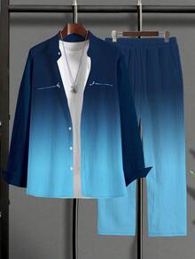 Men's Plus Size Casual Sport Suit: Gradient Long Sleeve T-Shirt + Pocket Drawstring Pants - Polyester Blend, Machine Washable - 藍色 - 查看 2