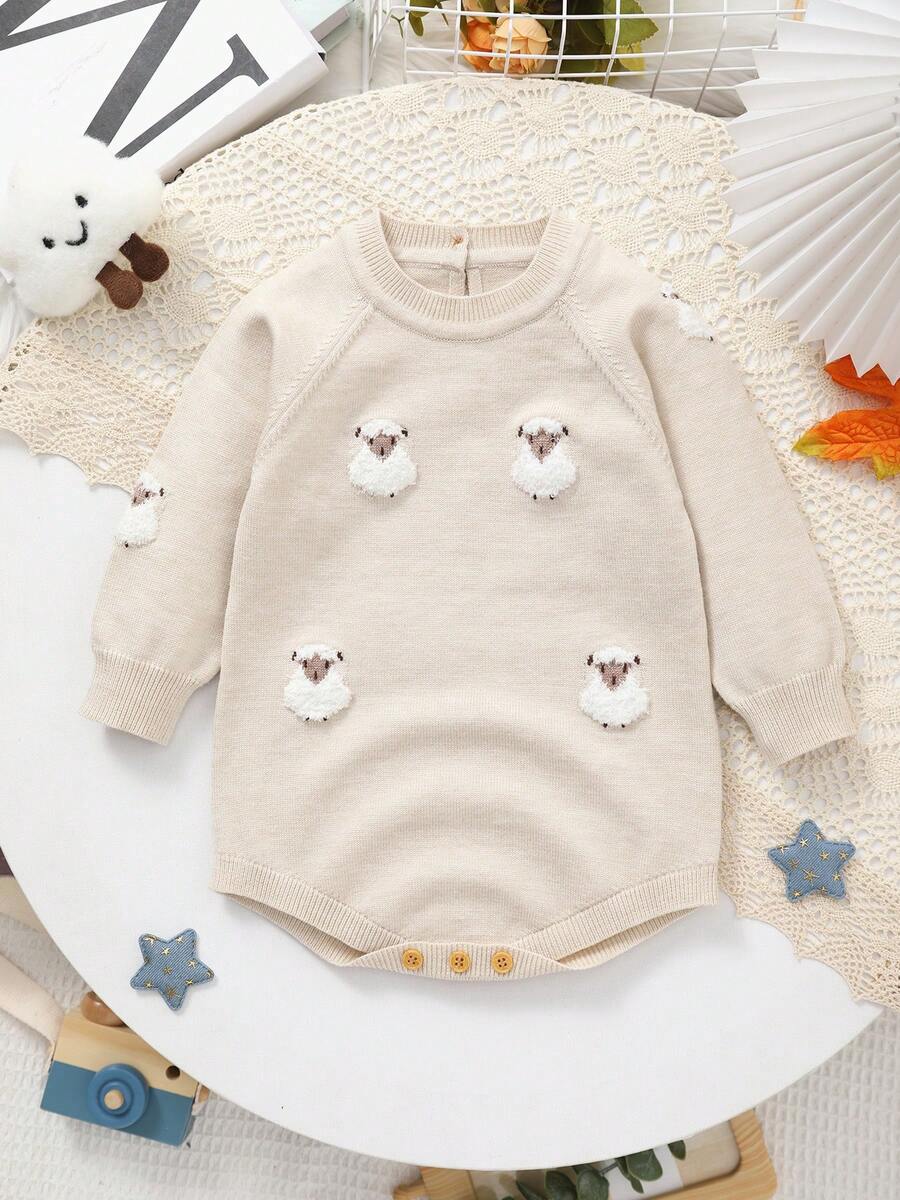 Baby Girl Raglan Sleeve Bodysuit With 3D Sheep Decor - Beige - View 1