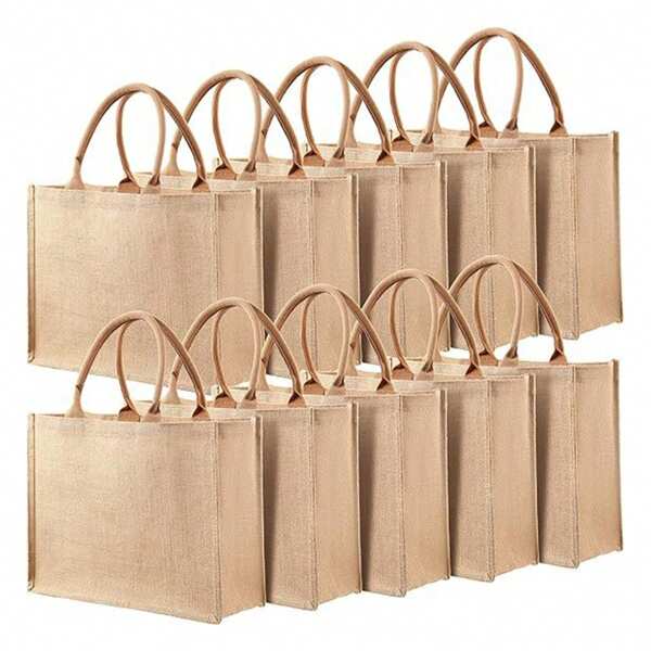 10 Pack Natural Jute Tote Bags With PE Waterproof Lining, 37x27cm Reusable Grocery Bags For Shopping, DIY Blank Craft & Bridesmaid Gifts
