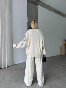Women Casual Heart Pattern Round Neck Long Sleeve Pullover Top And Long Pants Set, Embroidery Design - White - View 7