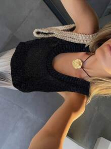 Mejors 女士法式时尚休闲可爱闪亮纹理不对称下摆圆领无袖针织吊带背心，适合度假穿着，夏季必备 - 黑色 - 查看 2